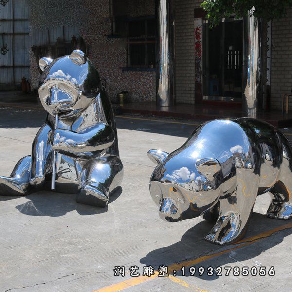 小区不锈钢熊猫动物雕塑
