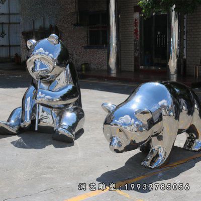 小区不锈钢熊猫动物雕塑